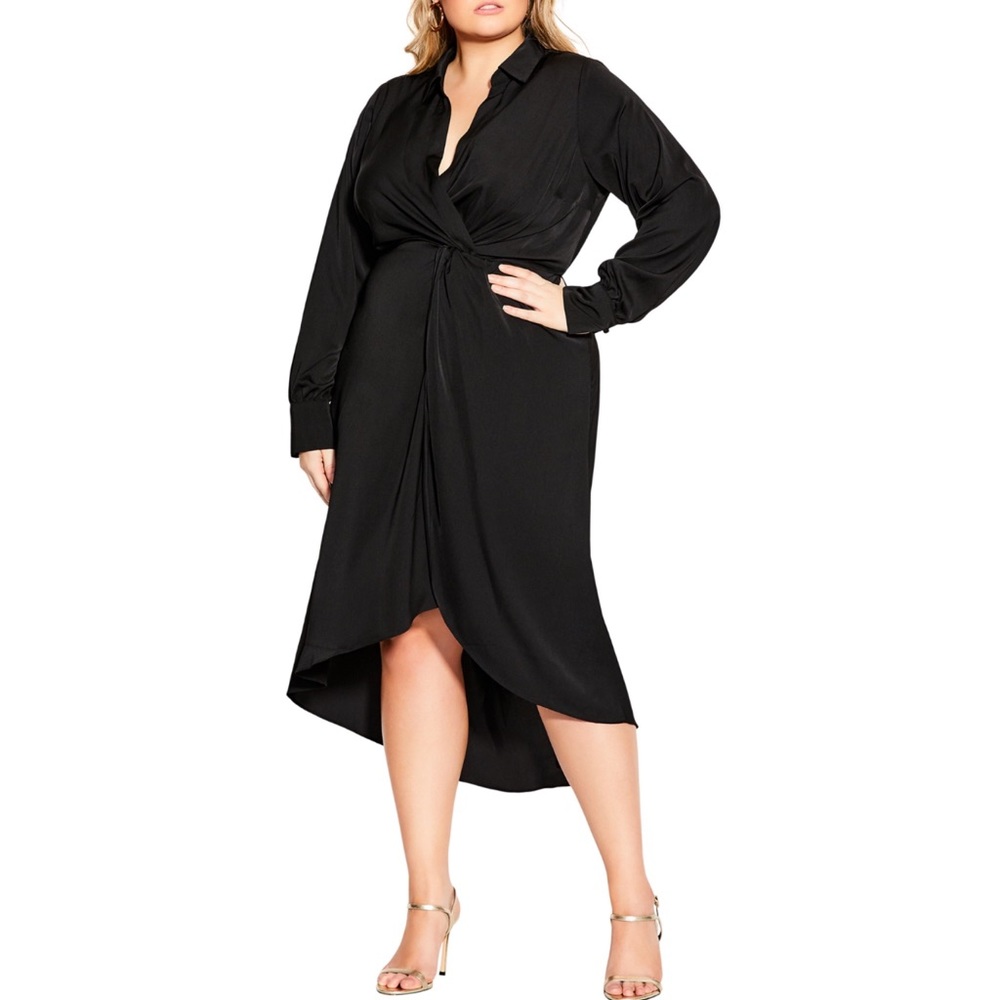 NEW City Chic black sleek long sleeve faux wrap dress 20